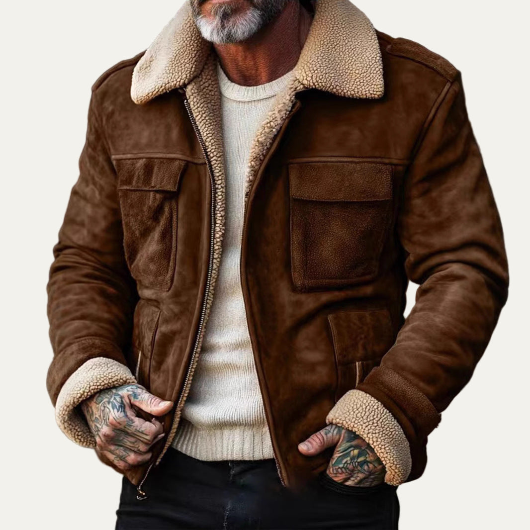 Men's Quilted Leather Aviator Jacket with Faux Fur Trim