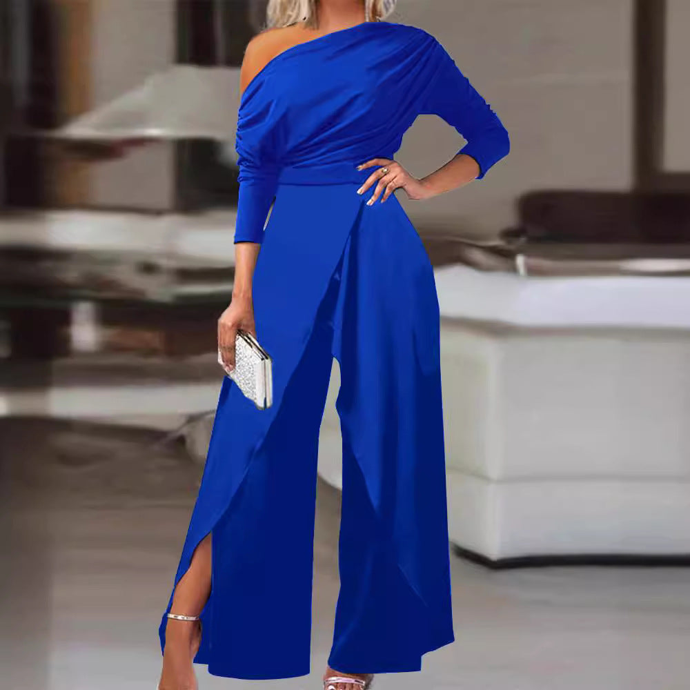 Chic Ruffled Wrap Jumpsuit with Split Hem Detail