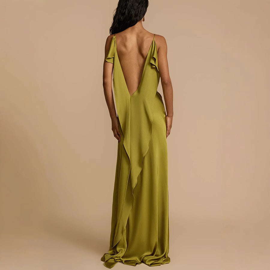 Chic Maxi Dress for Women - Flowy Long Gown with Neckline Slit