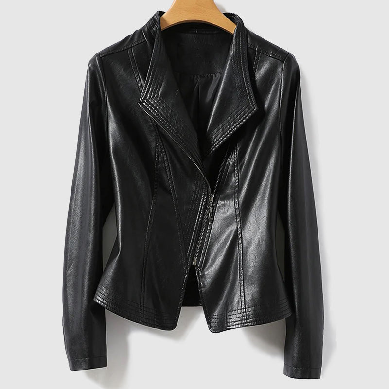 Fashionable Faux Leather Zipper Jacket for Ladies
