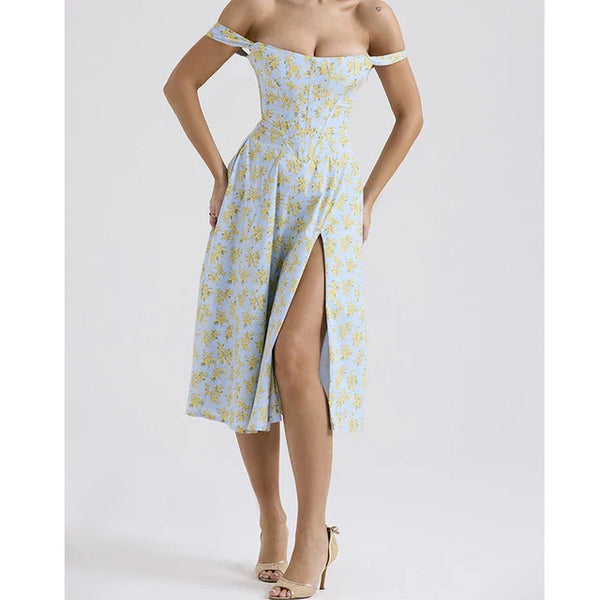 Omyrah Dress | Off-Shoulder Floral Corset Midi Dress