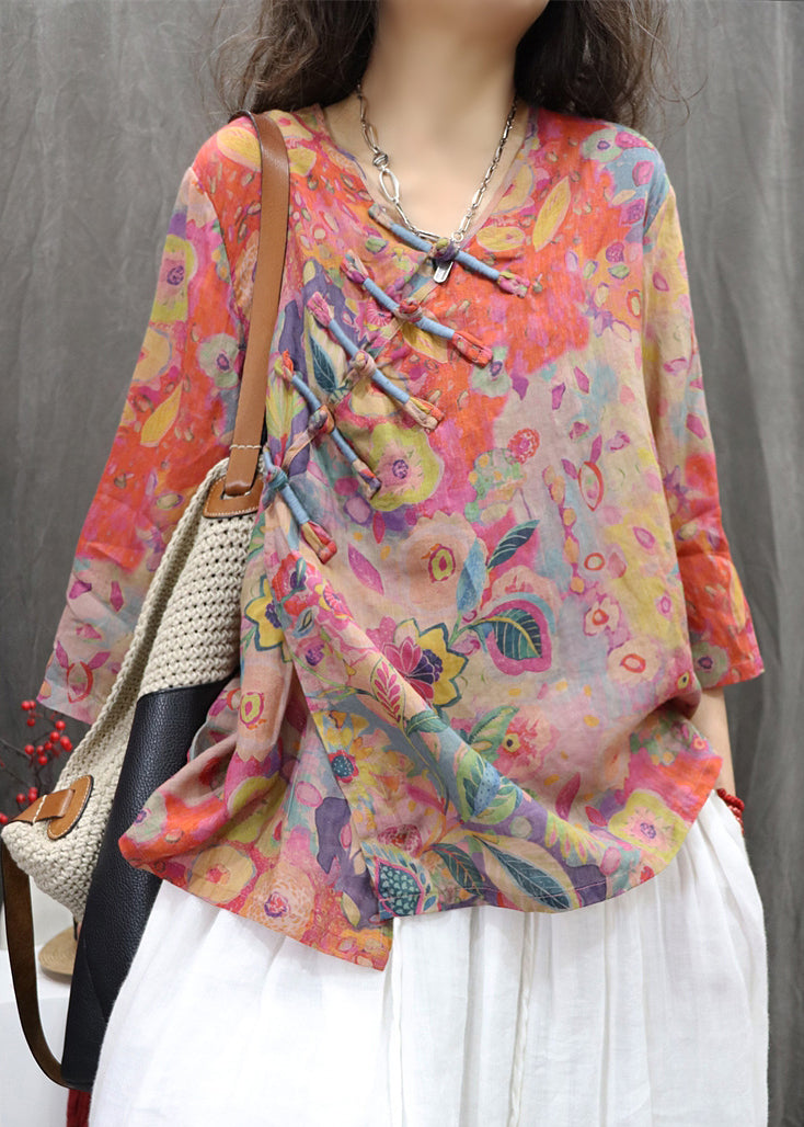 Women's Linen Blouse Orange Print V Neck Braceable Sleeves - OutfitLondon
