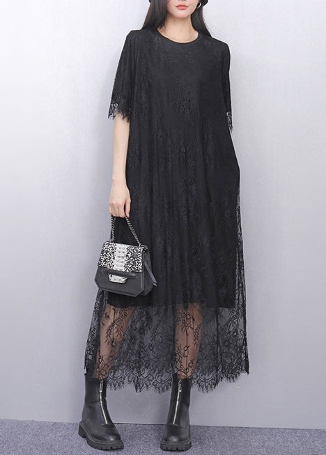 Women's Organic Lace Dress Black Embroidered Breathable - OutfitLondon
