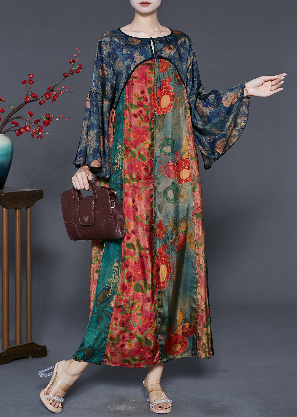 Women's Silk Maxi Dress Colorblock Oversized - OutfitLondon