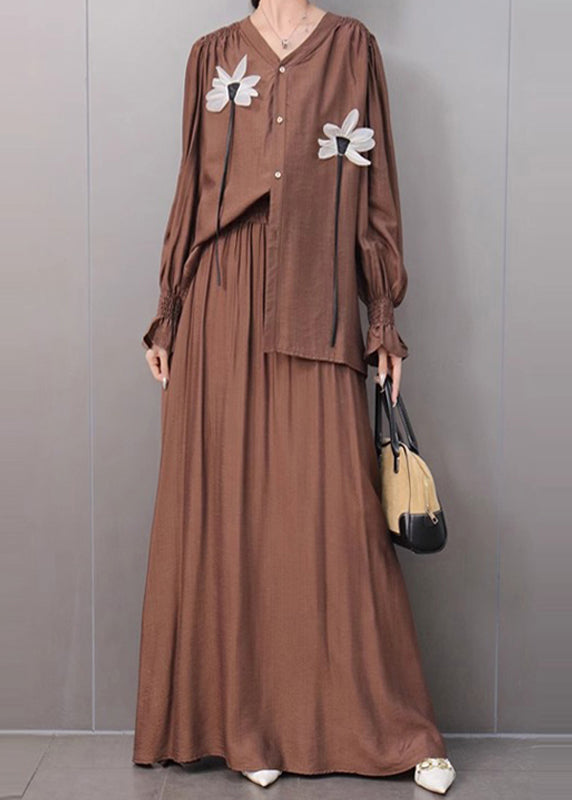 Women's V Neck And Skirt Set Organic Cotton Khaki Relaxed Fit - OutfitLondon
