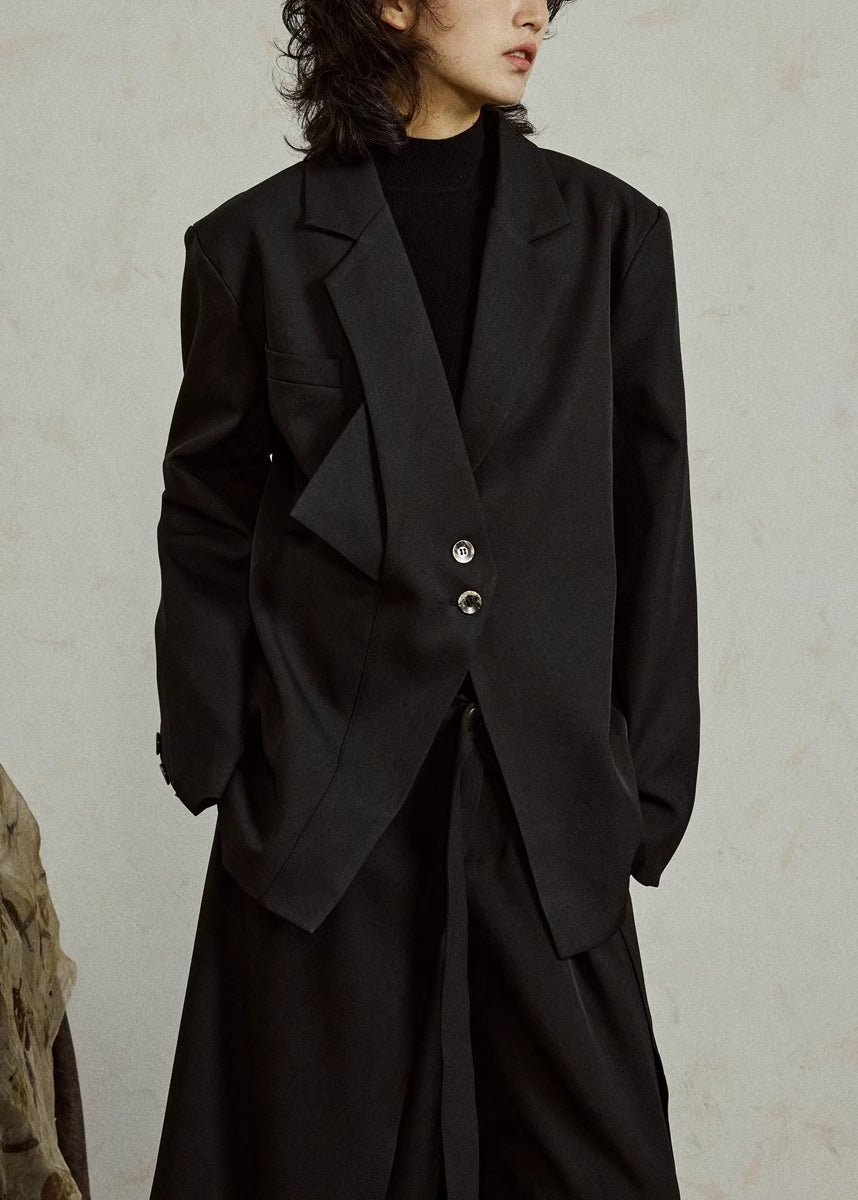 Women's Black Stretch Coat Notched Buttons - OutfitLondon