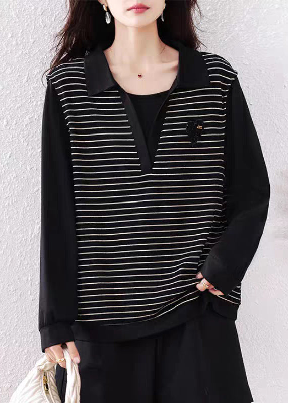Women's Cotton Patchwork Shirt Black Stripe Peter Pan Collar - OutfitLondon