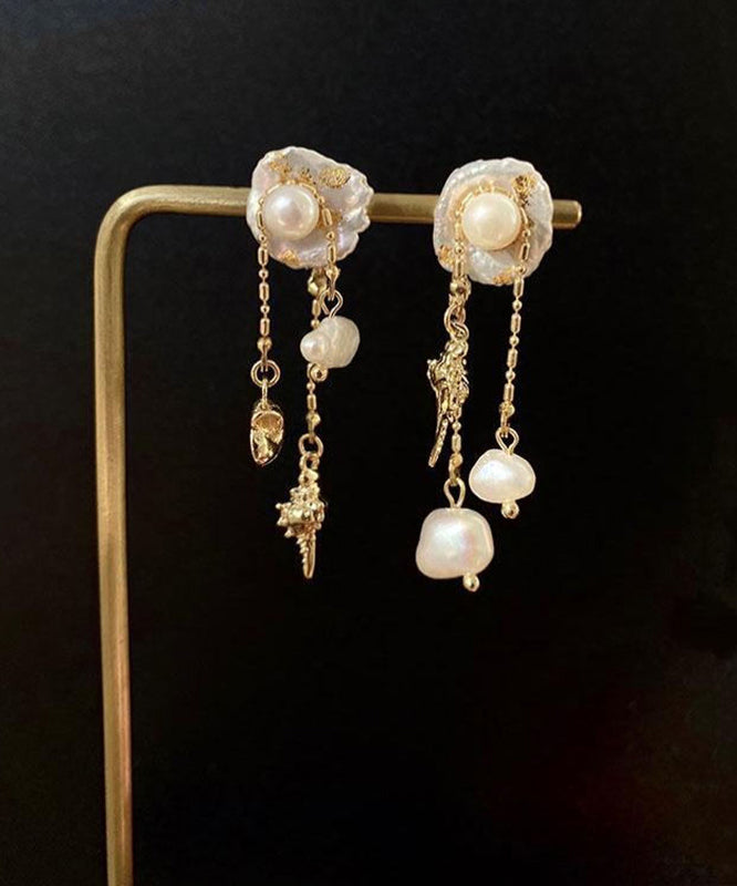 Copper Dangle Earrings Conch Shell Beads Boho Chic 3.8cm Drop - OutfitLondon