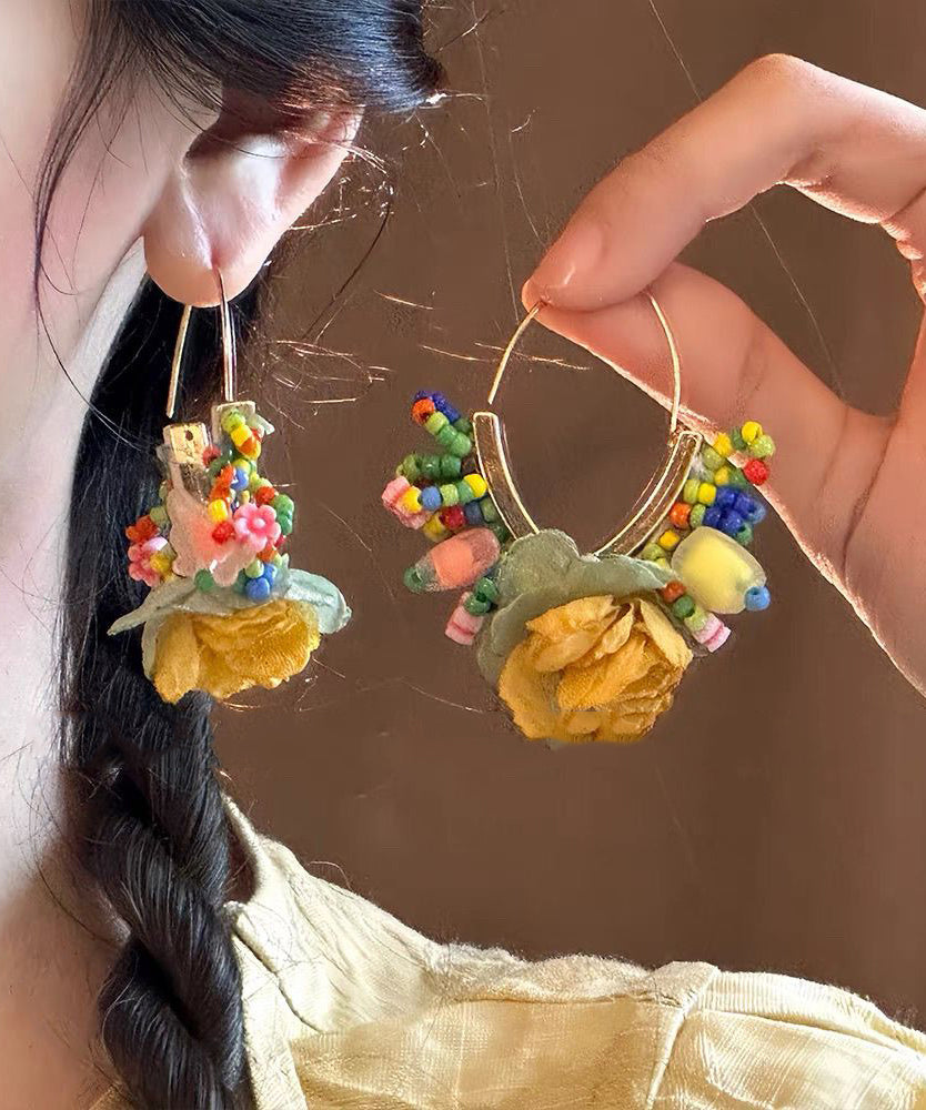 Women's Gold Copper Hoop Earrings Floral Tulle Pearl Design - OutfitLondon