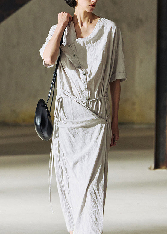 Women's Gray Cotton Lace Up Summer Dress - OutfitLondon
