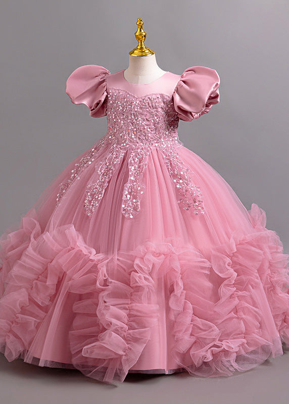 Girls Sequin Tulle Dress Rose Pink Long Gown - OutfitLondon