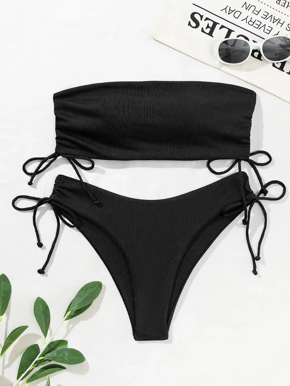 Paulissa Bandeau Bikini Set | Ribbed Strapless Top & Side Tie Bottoms