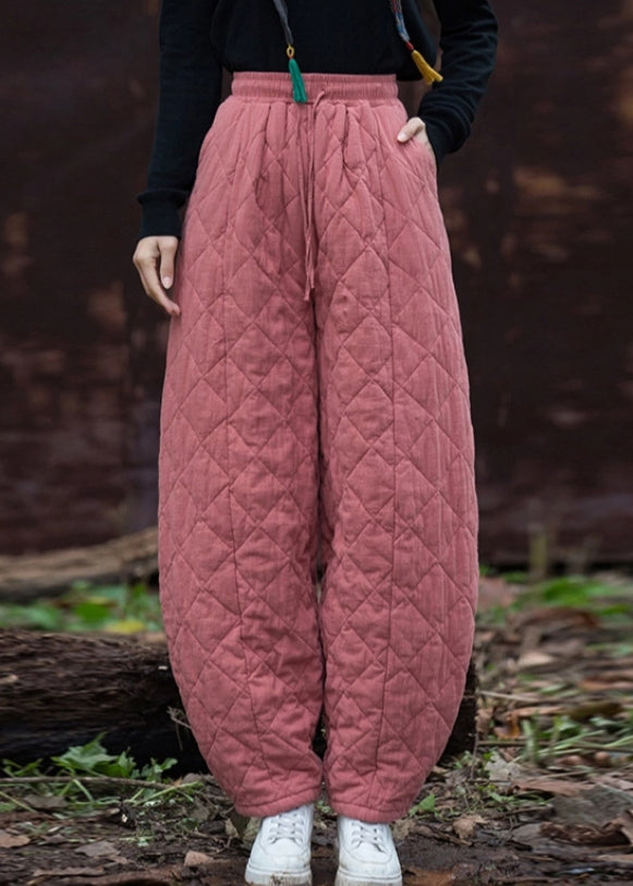 Women's Plaid Cotton Pants Elastic Waist Pink - OutfitLondon