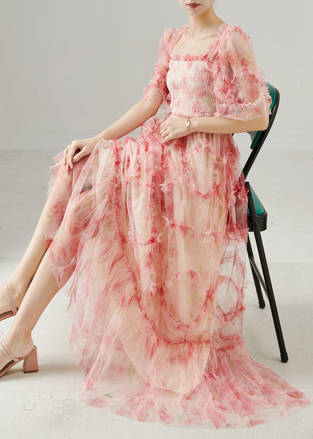 Women's Patchwork Tulle Maxi Dress Square Neckline Airy Ruffles - OutfitLondon
