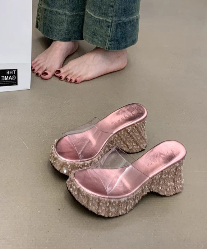 Women's Wedge Sandals Pink Glitter 5cm Heel Cushioned - OutfitLondon