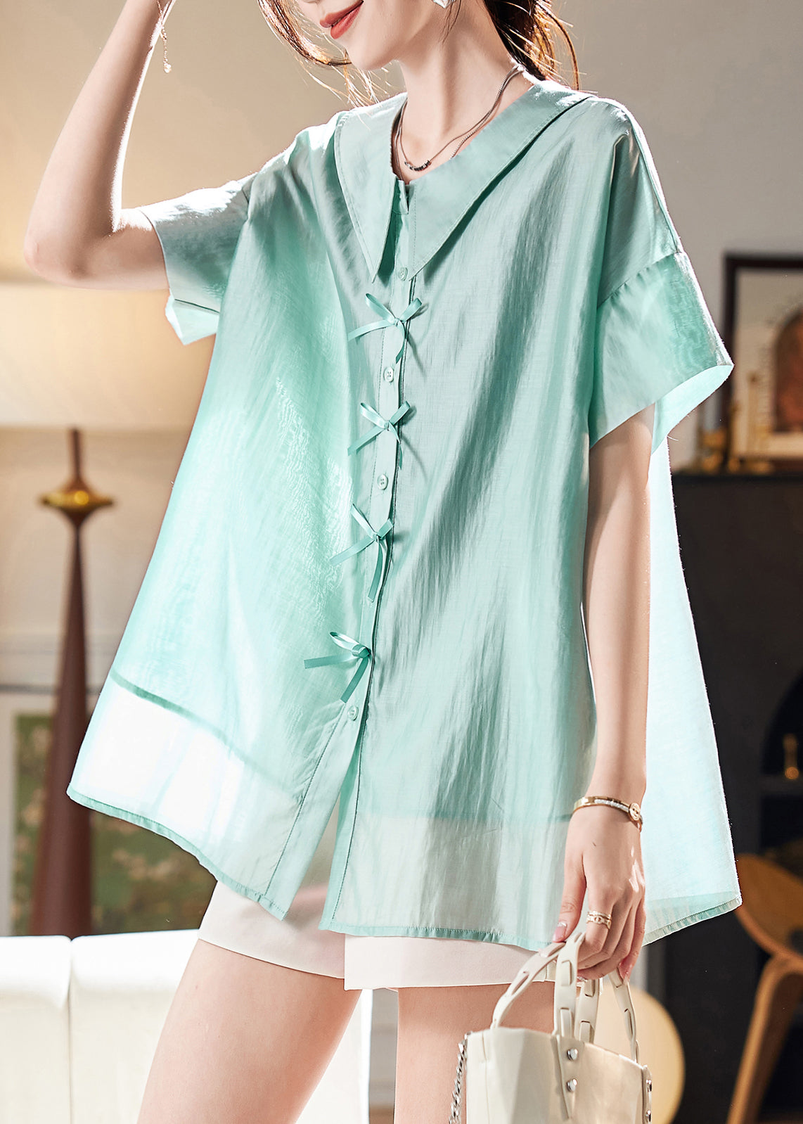 Women's Silk Blouse Green Peter Pan Collar Batwing Sleeves - OutfitLondon
