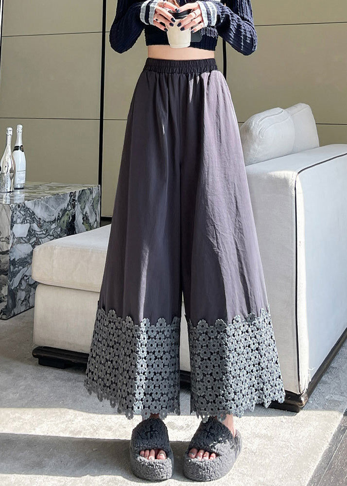 Women's Cotton Patchwork Floral Wide Leg Pants Elastic Waist 35.1 Inch - OutfitLondon