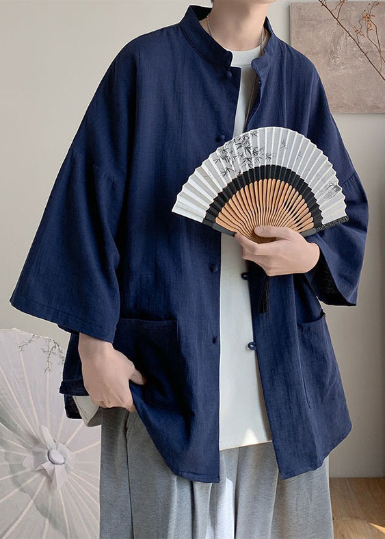 Men's Navy Linen Shirt Plus Size Breathable - OutfitLondon