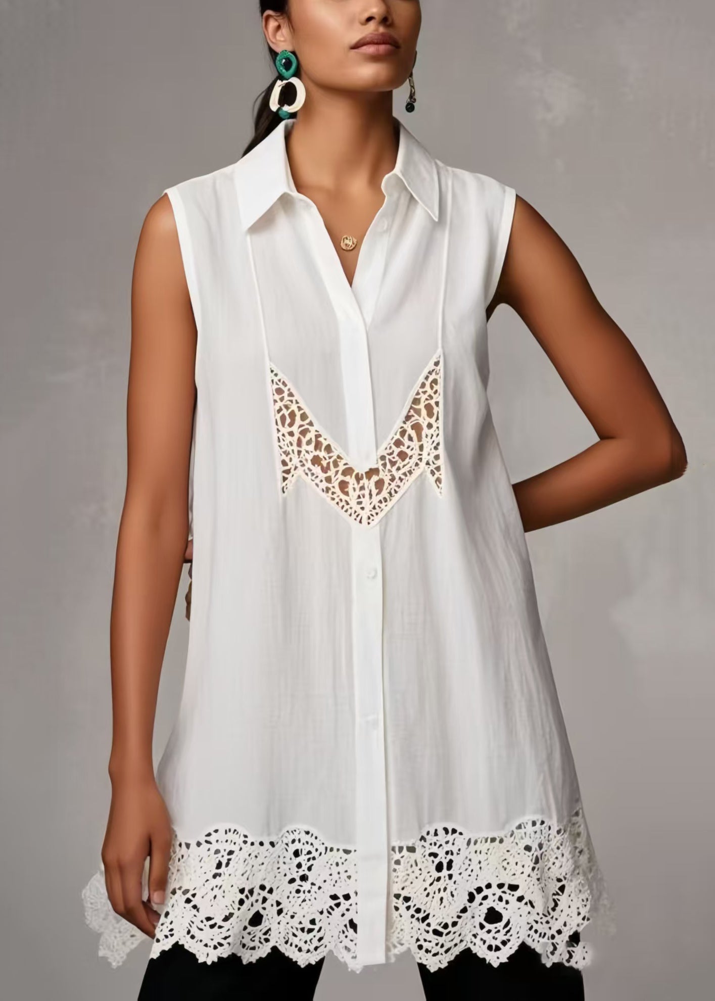 Women's White Lace Blouse Sleeveless Cotton Blend - OutfitLondon