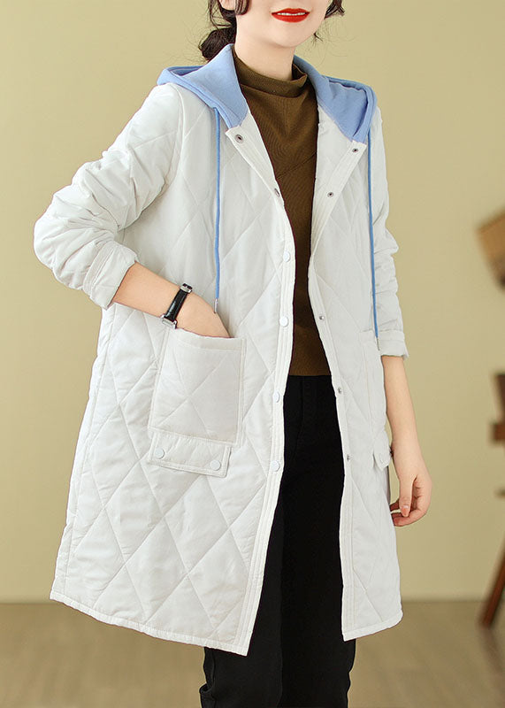 Women's Cotton Hooded Coat White Pockets - OutfitLondon