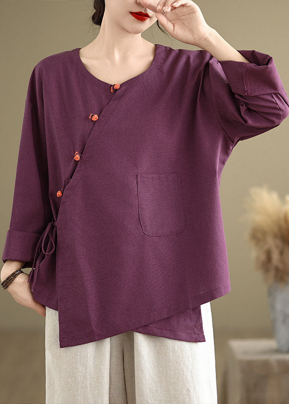 Women's Cotton Blouse Purple Lace-Up Breathable - OutfitLondon