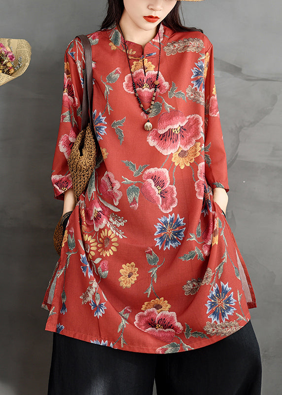 Women's Linen Cotton Shirt Dress Casual Breathable Red - OutfitLondon