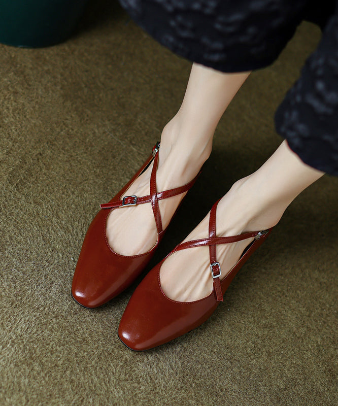 Women's Red Leather Flats Crossed Straps Comfortable - OutfitLondon