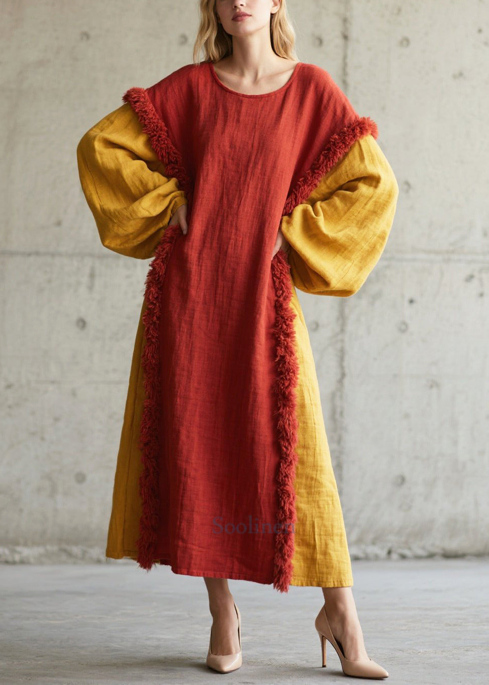 Women's Cotton Maxi Dress Red Faux Fur Trim - OutfitLondon