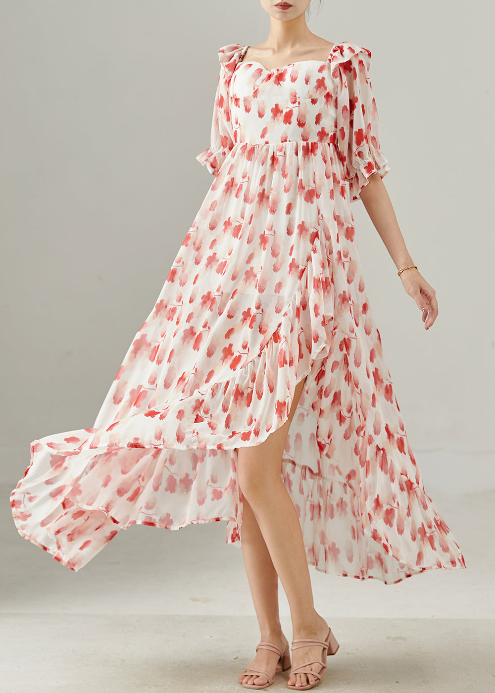 Women's Silk Maxi Dress Red Print Square Neck - OutfitLondon