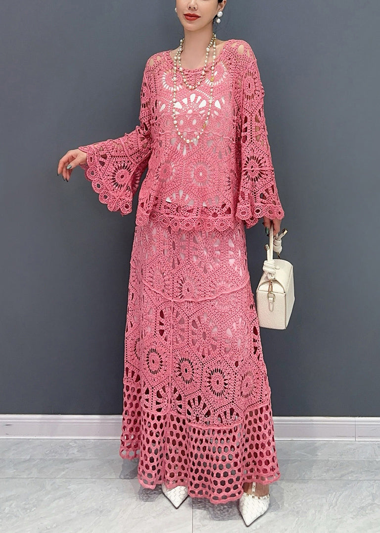 Women's Knit Two Piece Set Fitted Eyelet Sleeves Red - OutfitLondon