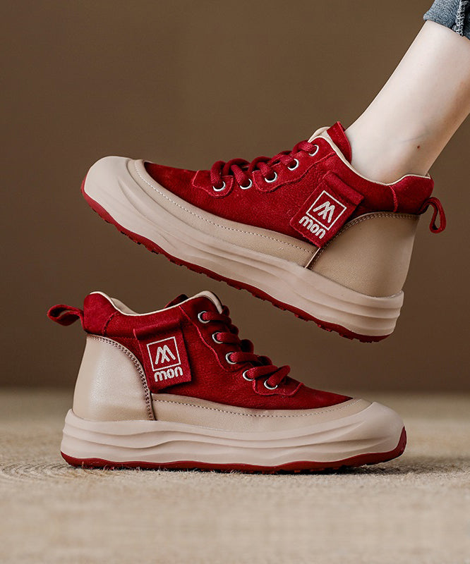 Women's Leather Platform Flats Red Cowhide - OutfitLondon