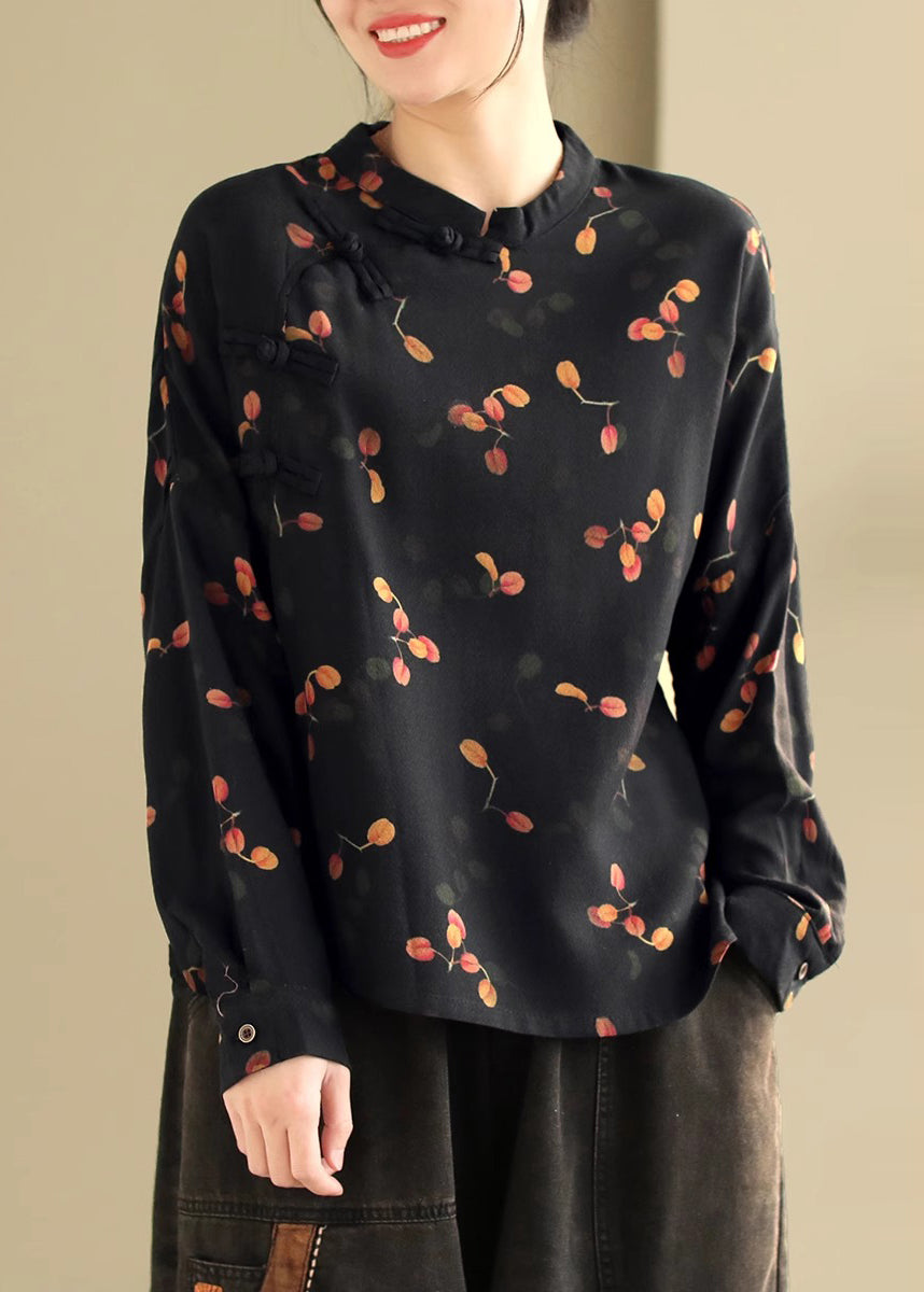 Women's Black Cotton Shirt Mandarin Collar Relaxed Fit - OutfitLondon