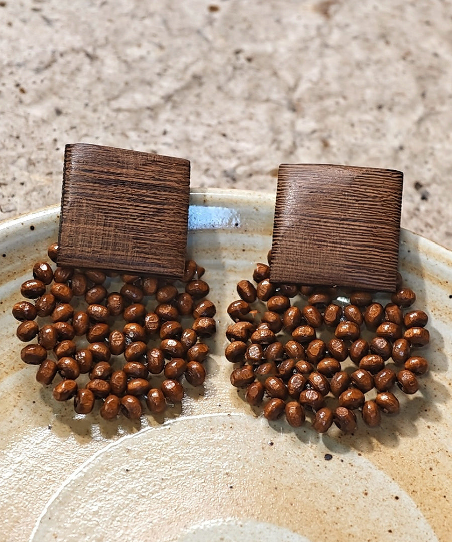 Women's Wooden Braided Earrings Chocolate Brown Lightweight - OutfitLondon