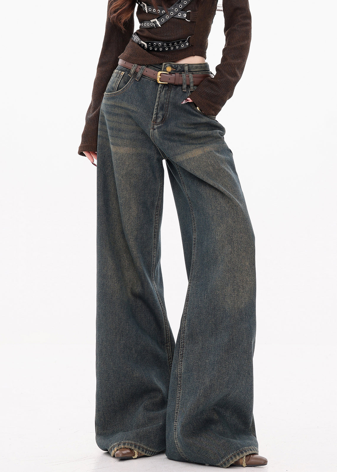 Women's High Waist Wide Leg Jeans Dark Blue - OutfitLondon