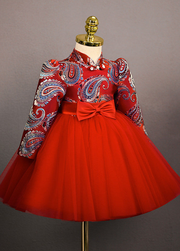 Girls Red Tulle Dress With Bow Classic Spring - OutfitLondon