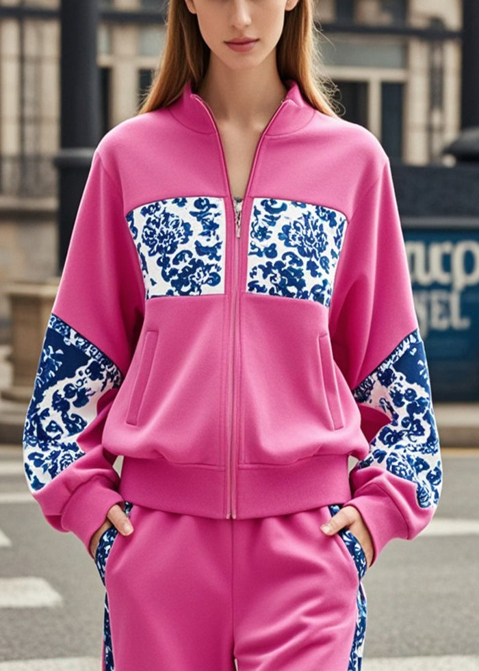 Women's Cotton Patchwork Coat Zipper Closure Soft Rose Autumn Print - OutfitLondon