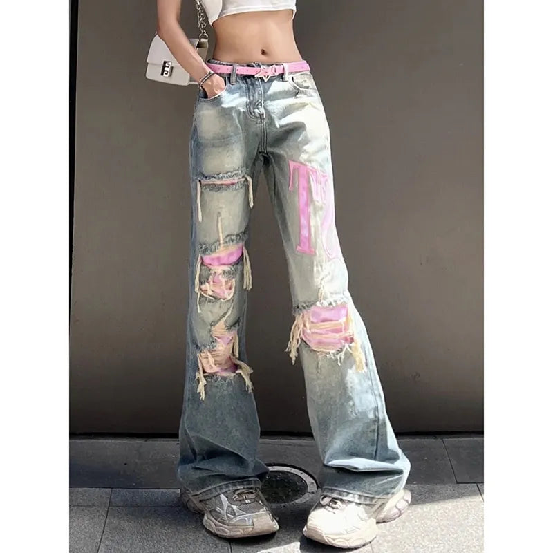 Relaxed Fit Ripped Wide Leg Blue Jeans - OutfitLondon