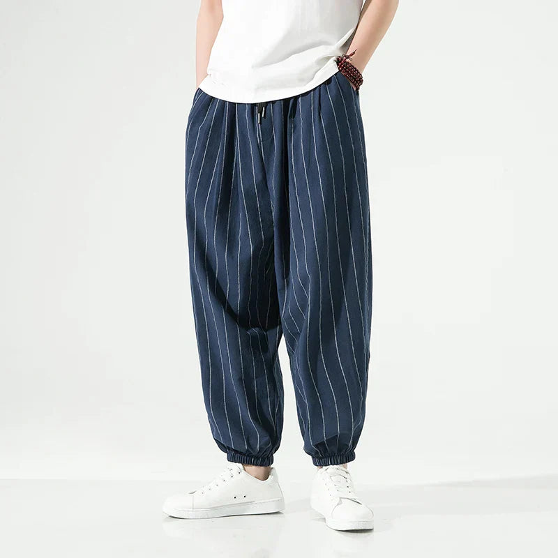 Men's Cotton Striped Trousers Elastic Waistband