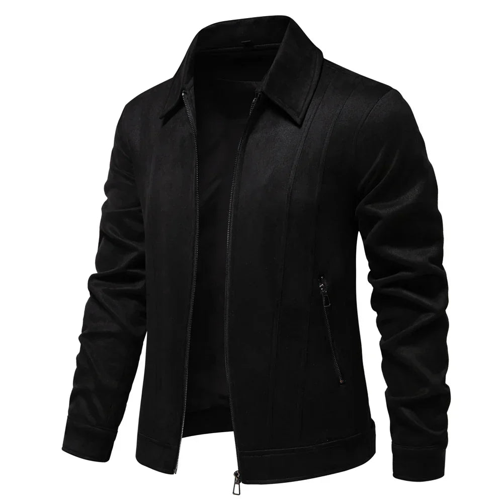 Hudson Suede Trucker Jacket Zippered Pockets Slim Fit Black