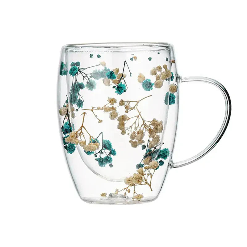 Liora Glass Coffee Mug Double Layer Insulated 350ml Floral Design