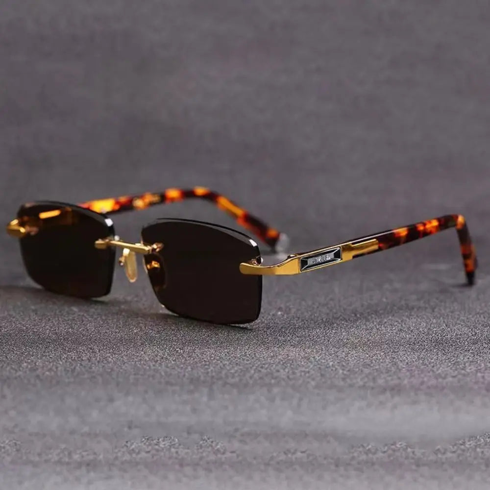 Tortoise Rimless Sunglasses Gold UV400 Protection Green Smoke Lenses