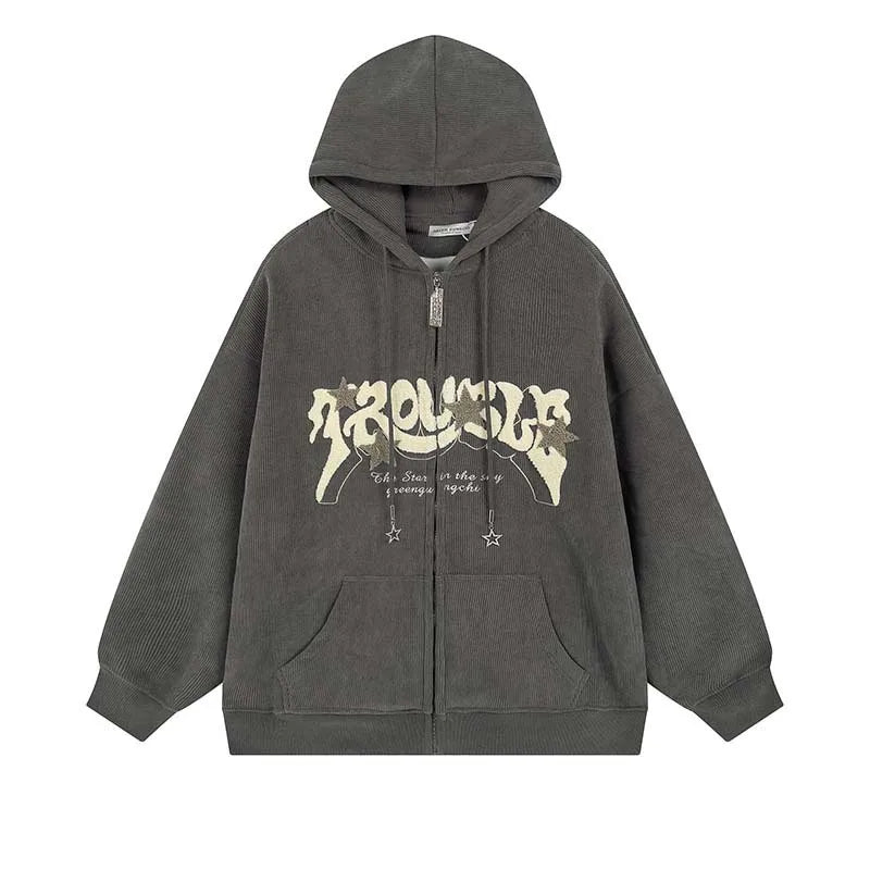 Relaxed Fit Embroidered Zip Up Hooded Sweatshirt