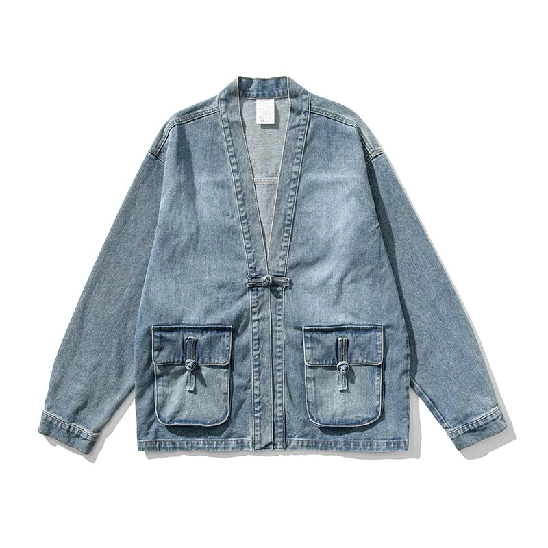 Men's Denim Kimono Jacket Wide Sleeves Large Pockets