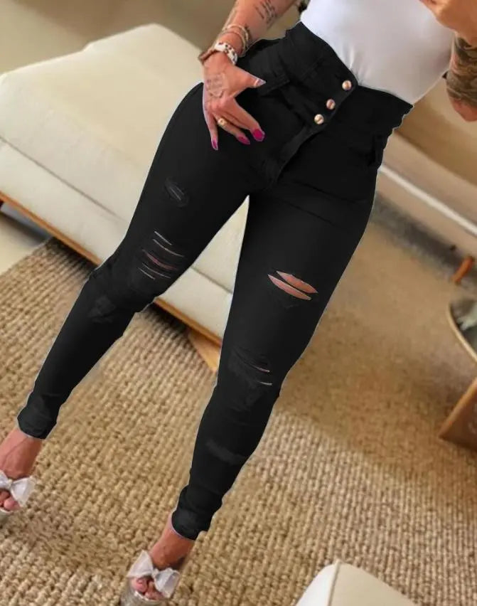 Fashionable High Waisted Ripped Womens Jeans with Buttons