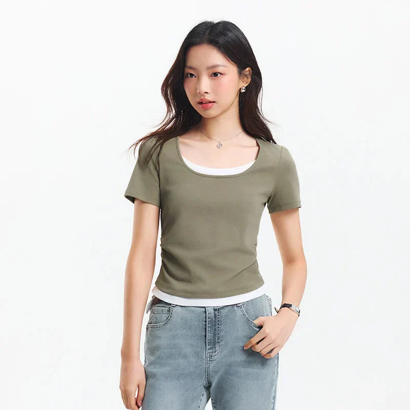 Trendy Fake Crop Top - Slim Fit V Neck T-Shirt