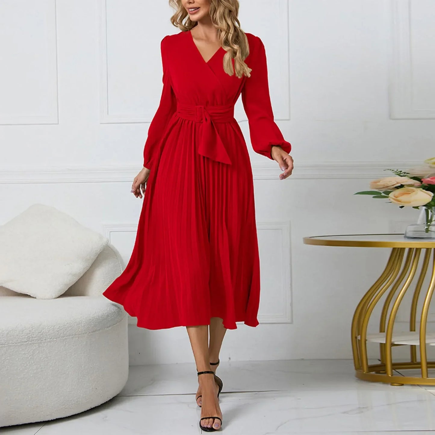 Pretty Midi Dress with Waist Sash