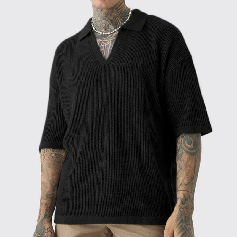 Men's Organic Cotton Polo Shirt Deep V Neck Relaxed Fit