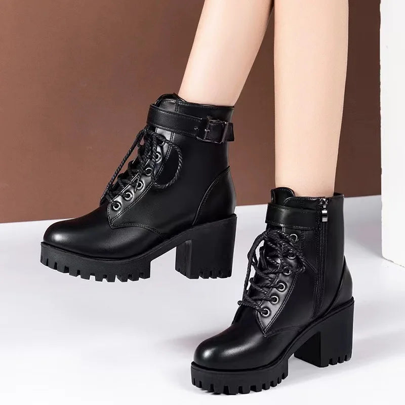 Soft Women's Ankle Boots Waterproof Low Heel Lace Up Shoes - OutfitLondon