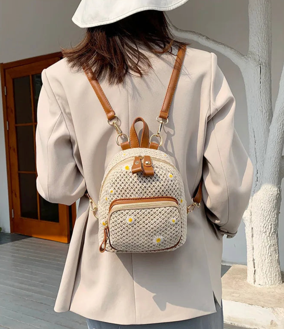 Petite Embroidered Straw Bag Floral Compact