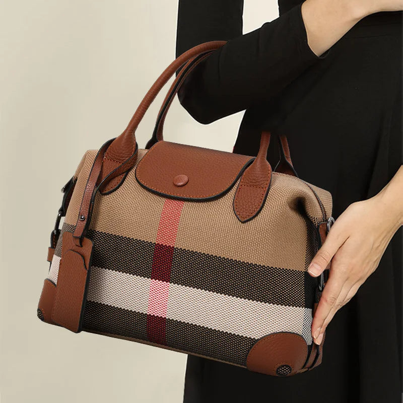 Stylish Plaid Shopping Bag - Leather Trim Canvas - OutfitLondon
